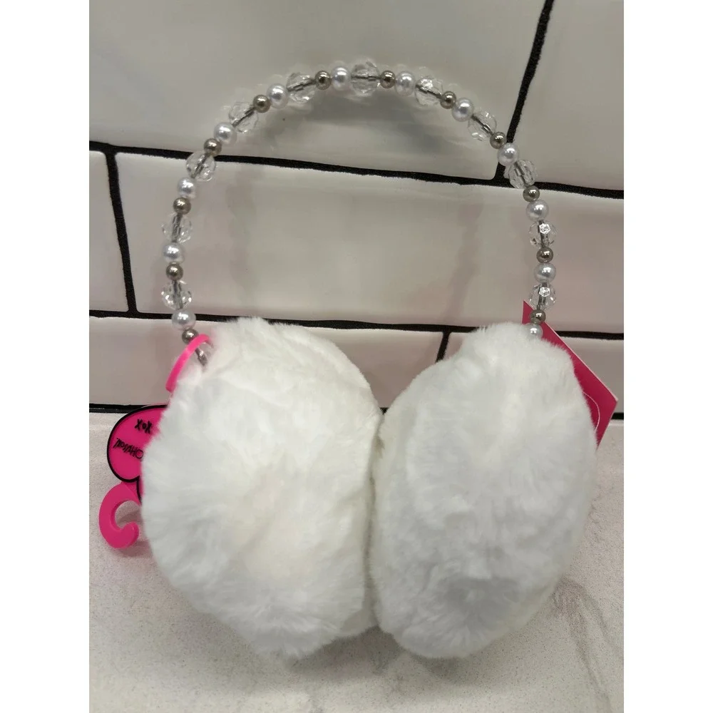 Betsey Johnson White Faux Fur Earmuffs Beaded Pearl Headband Winter Accessories